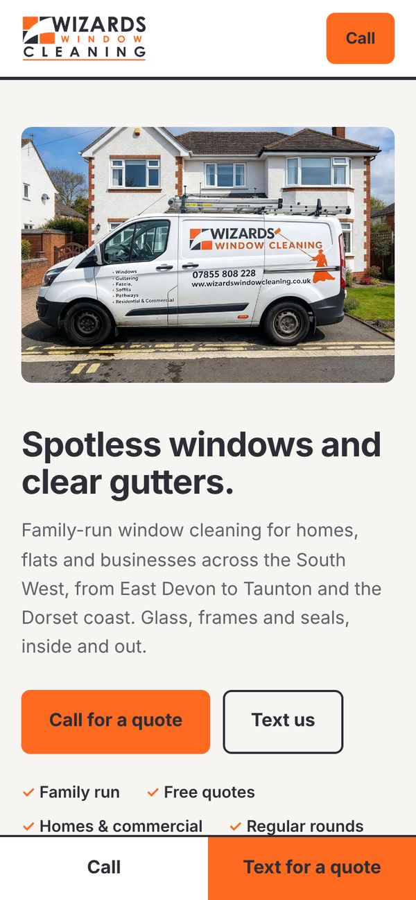 Wizards Window Cleaning website on a phone